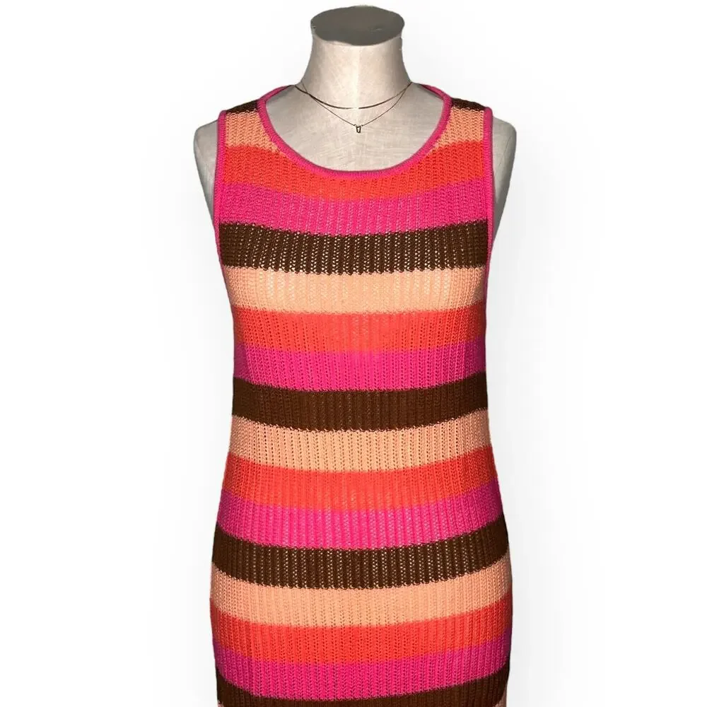 New $120 BANANA REPUBLIC Open-Stitch Midi Sweater Knit Dress Striped Pool Beach